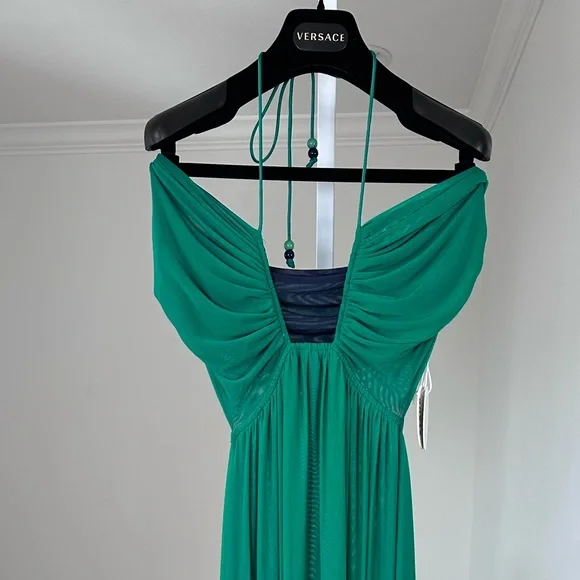 NWT STAUD Kanha Halter Reversible Clover Green Deep Sea Blue Mesh Maxi Dress